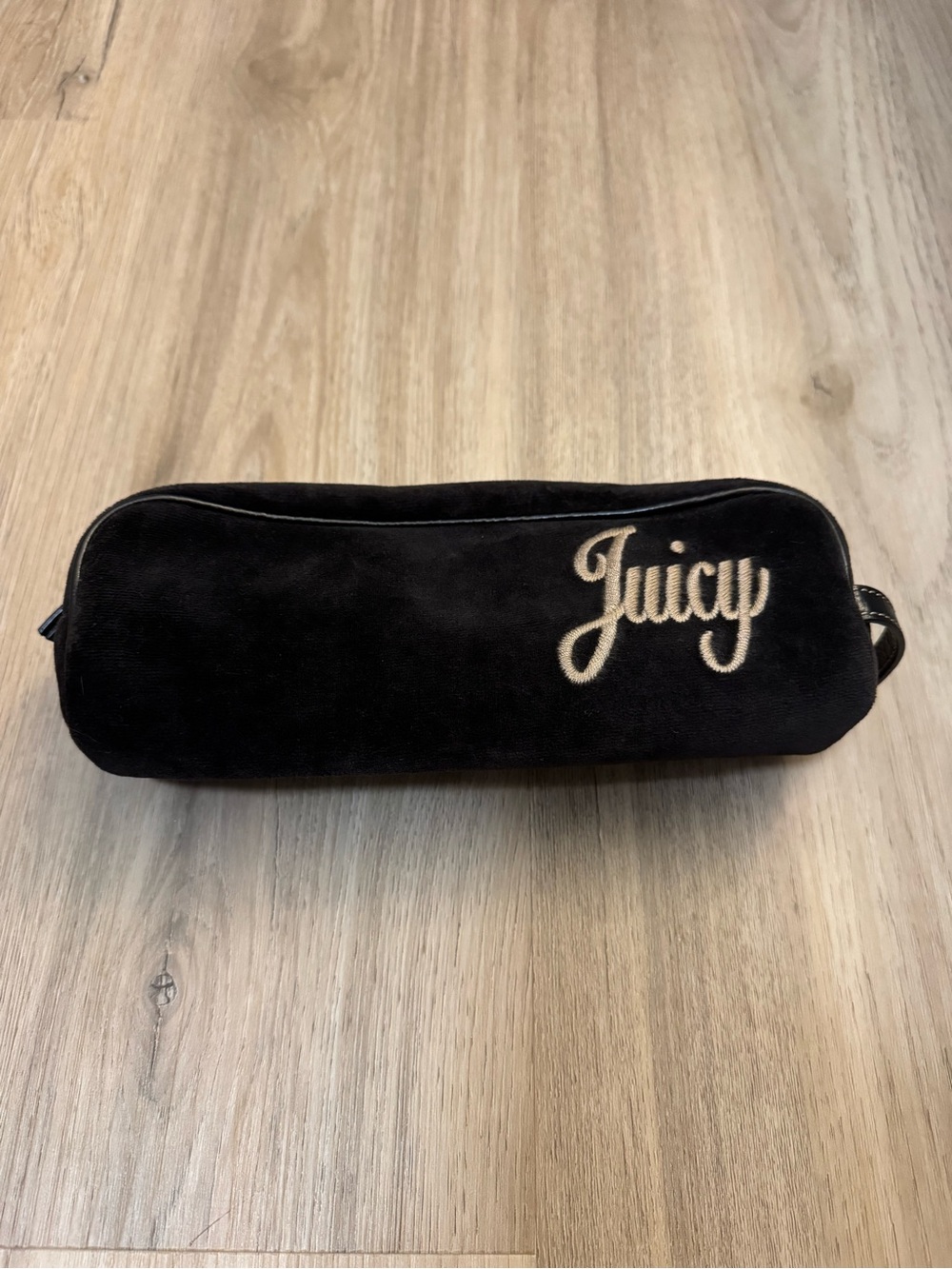 Juicy Couture Dark Chocolate Brown Velour Cosmetic Zip Pouch with Cream Logo Y2K